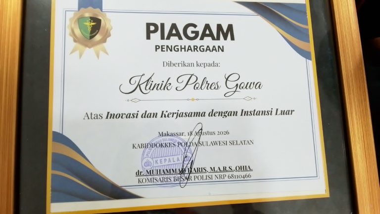 Klinik Siedokkes Polresta Gowa Raih Penghargaan atas Inovasi dan Kerja Sama dengan Instansi Eksternal